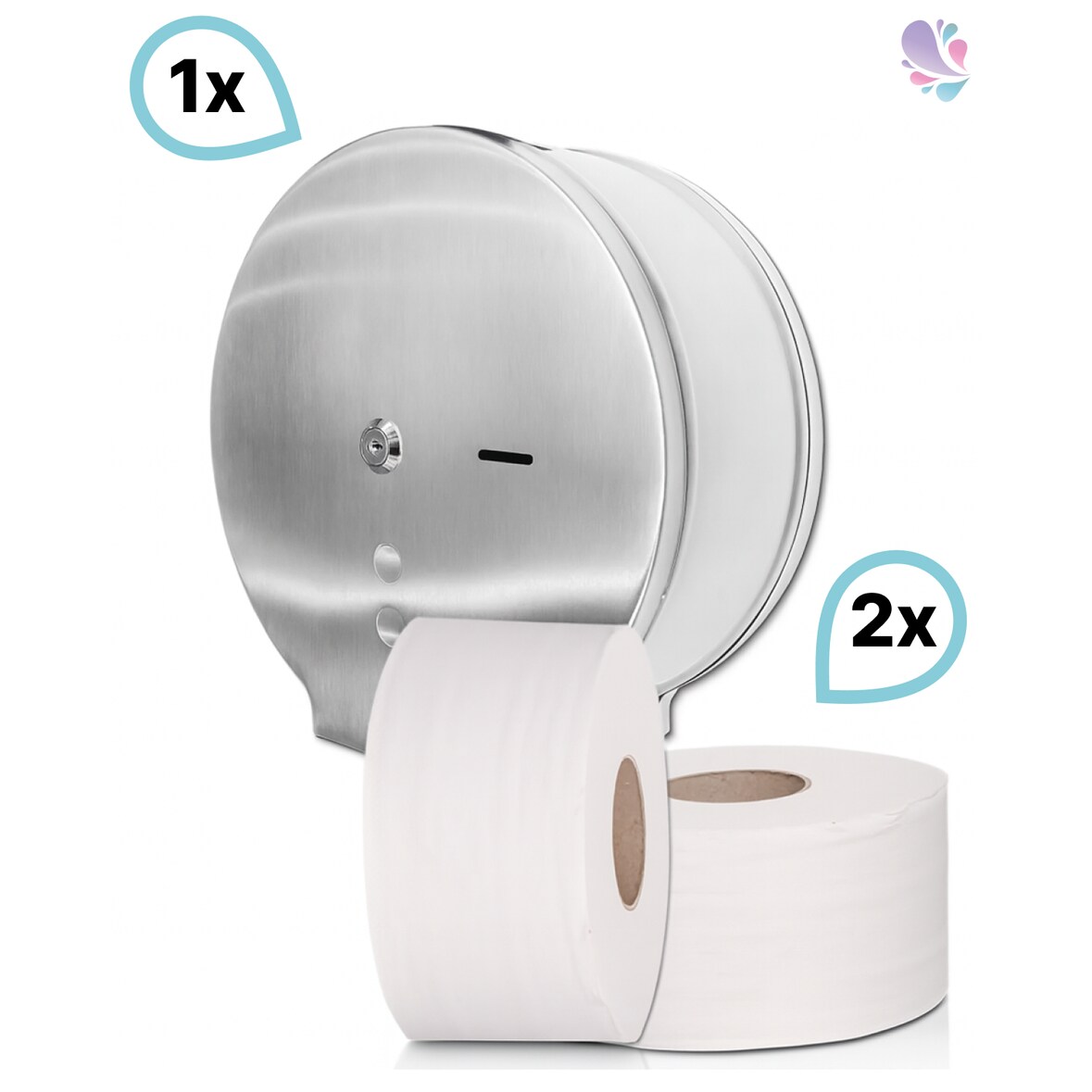 SET: 1x Jumbo-Toilettenpapierspender EDELSTAHL matt + 2 Jumborollen-Toilettenpapier 300m, 2-lagig