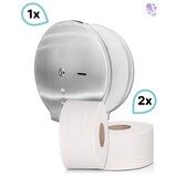 thumbnail of SET: 1x Jumbo-Toilettenpapierspender EDELSTAHL matt + 2 Jumborollen-Toilettenpapier 300m, 2-lagig