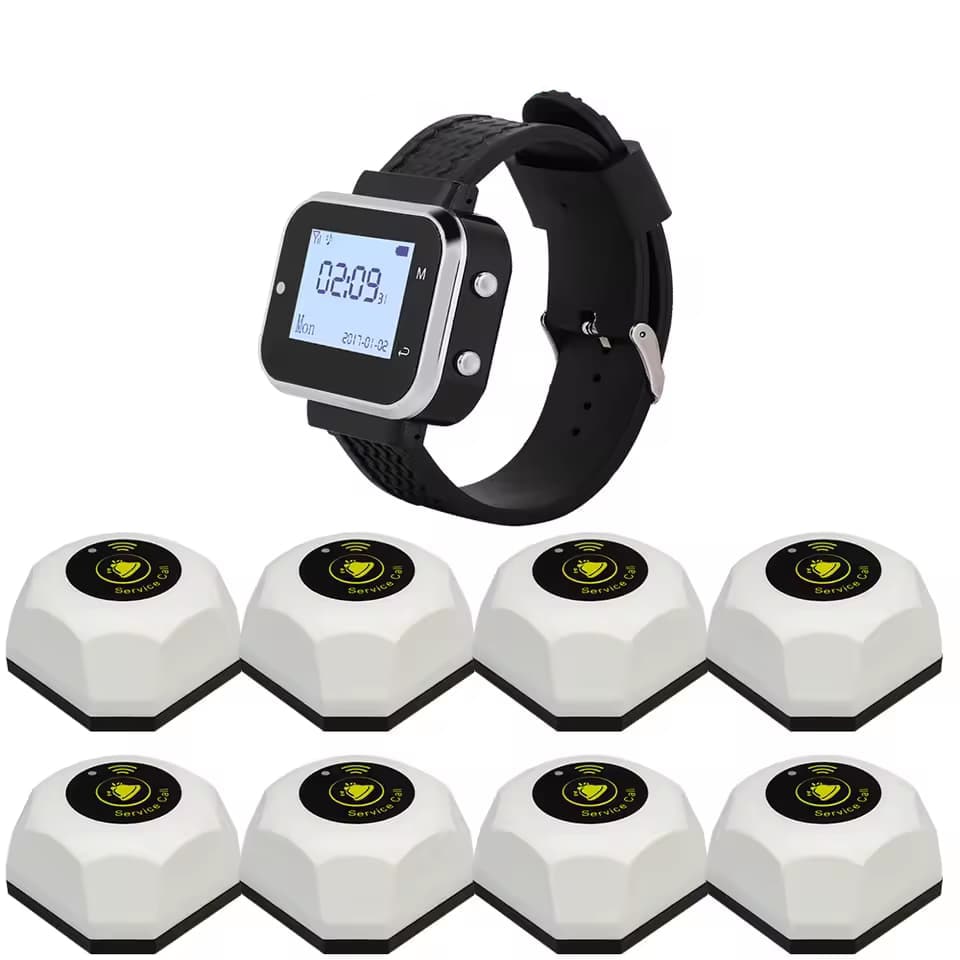 Sistema de chamada para restaurante / Beeper / Pager Branco, 8 discos e 1 relógio, alcance 800m