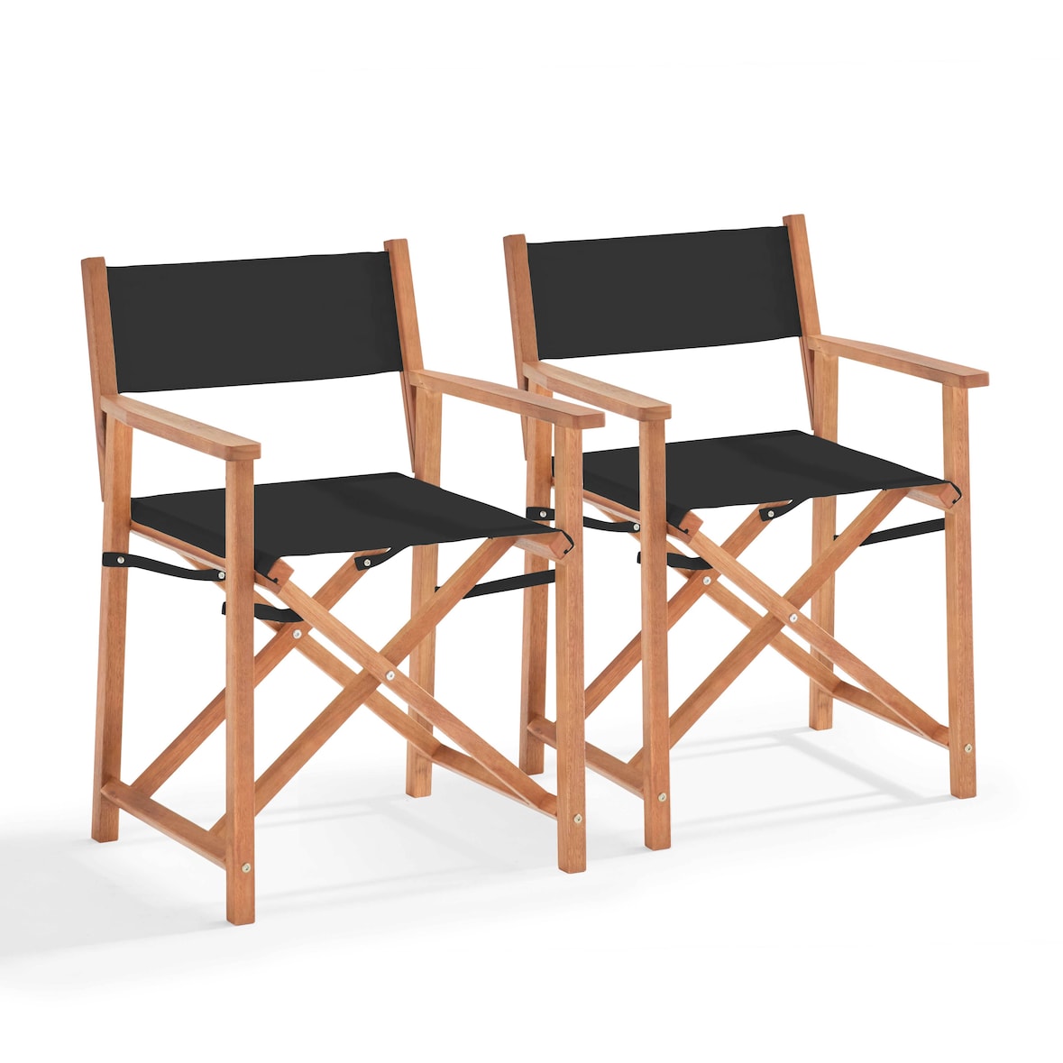 Lot de 2 chaises pliantes en bois d'eucalyptus et textilène noir - Oviala