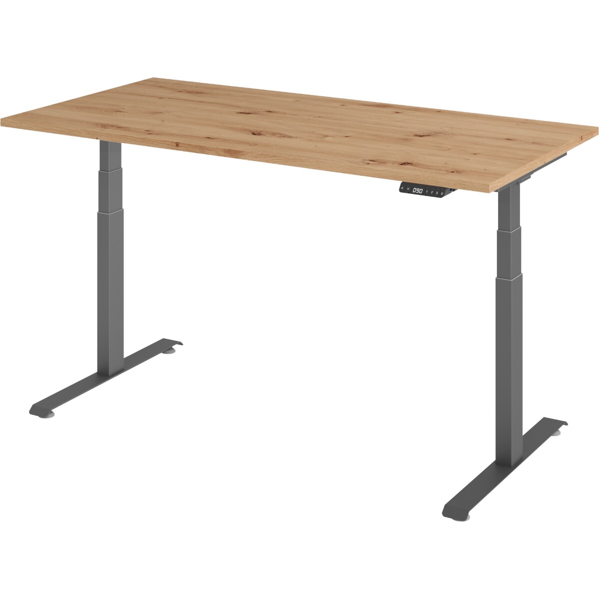 bümö höhenverstellbarer Schreibtisch 160 x 80 cm in Asteiche, Gestell: graphit - Stehschreibtisch mit 3-fach Speicher elektrisch höhenverstellbar,