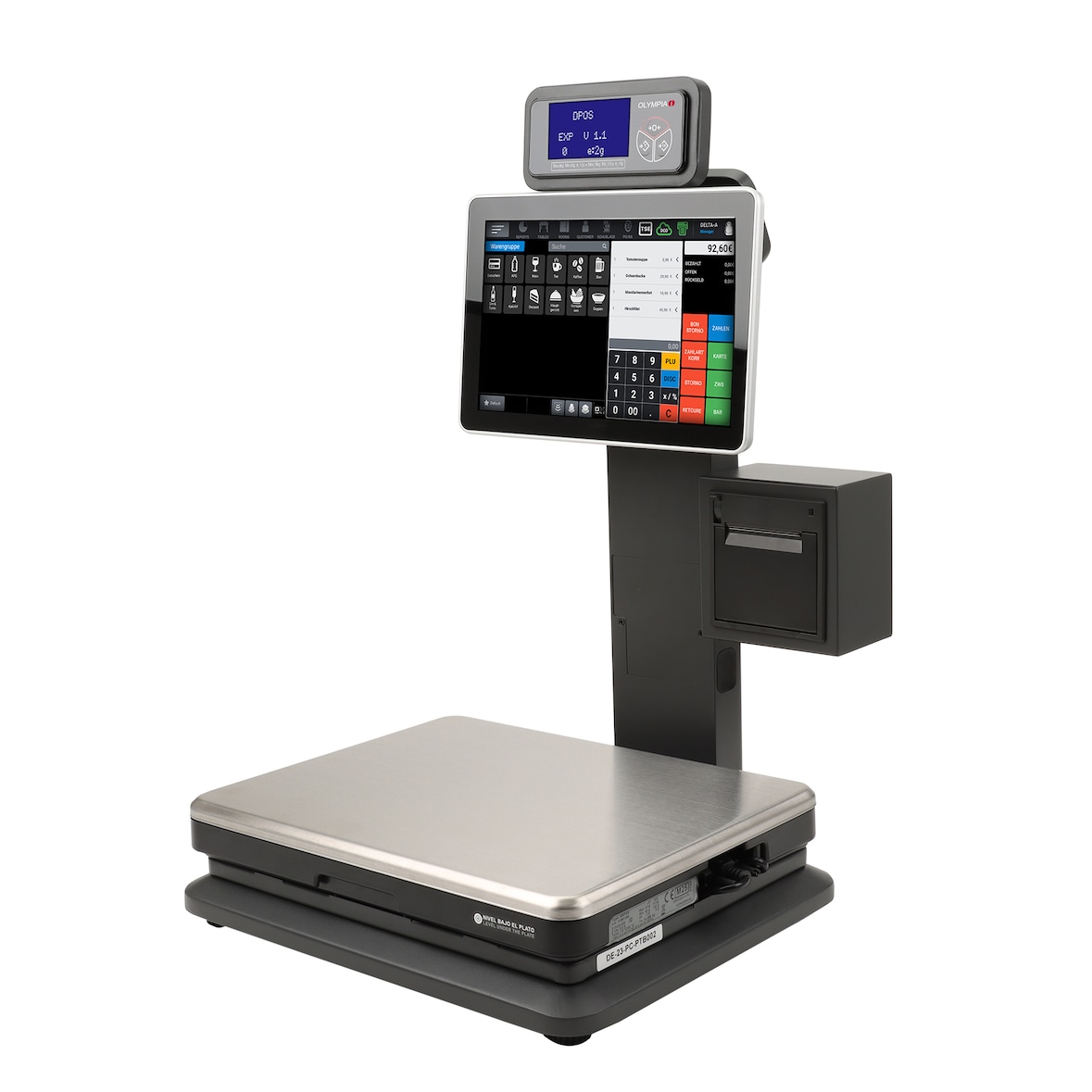 Olympia Kasse 2-in-1 Touch Kasse + Waage 2 g–15 kg Thermodrucker Bar- & Kartenzahlung