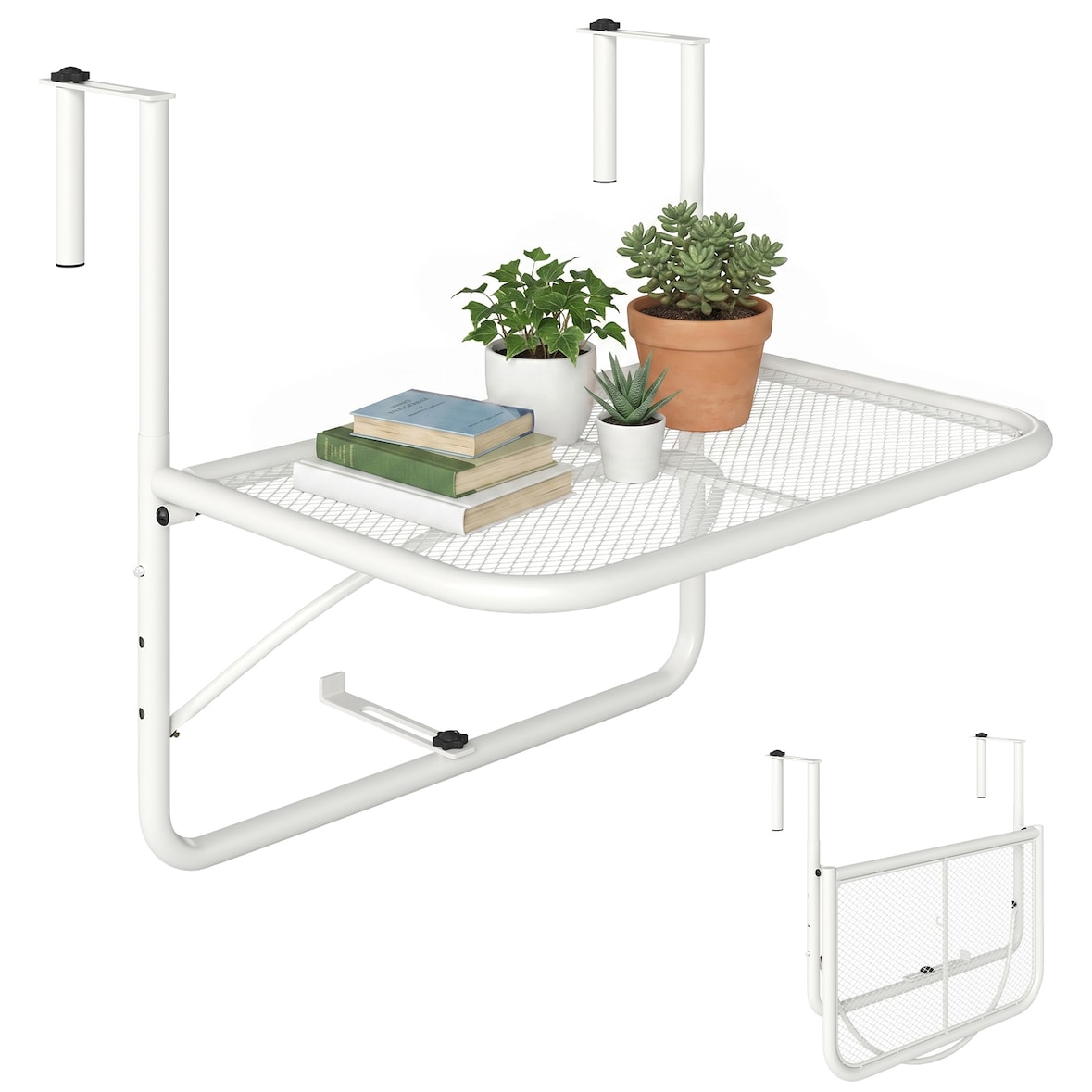 Outsunny mesa colgante de balcón con brazo regulable y altura ajustable en 3 posiciones marco metálico carga máx. 30 kg 60x56x50 cm