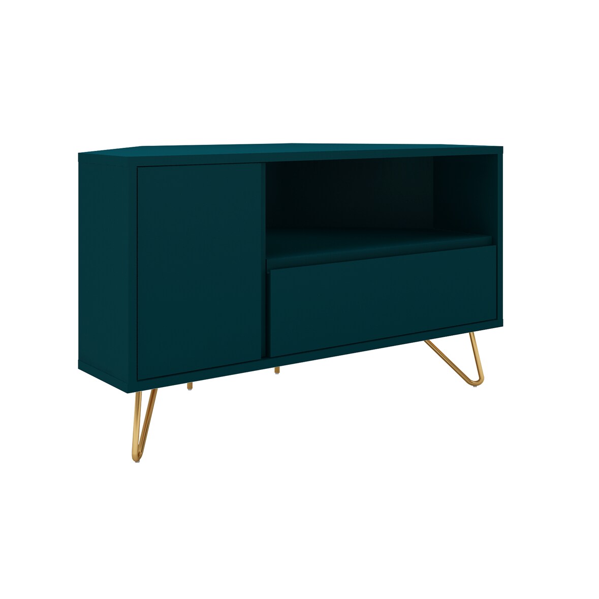 SalesFever Eck TV-Lowboard aus MDF | mit Tür, Klappfach und offenem Fach | Beine Metall mit Messinglegierung | B 100 x T 50 x H 58 cm | blau