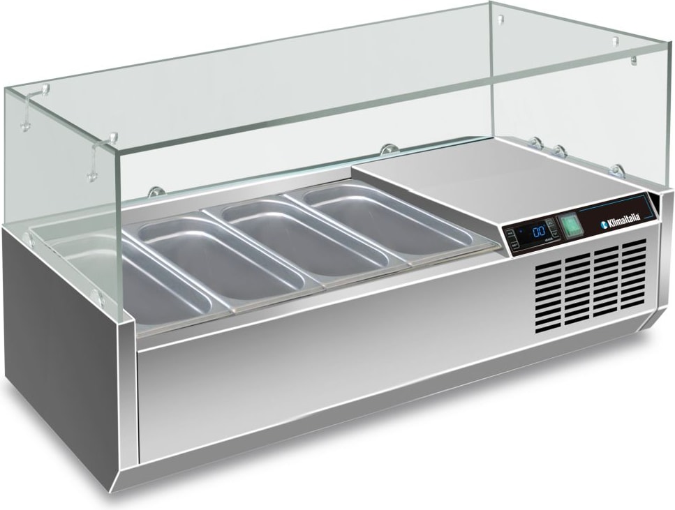 Edelstahl-Kühlvitrine für 4 GN1/3. Temperatur +2°C/+8°C. Elektronischer Thermostat. Maße LxBxH 120x39,5x43,5 cm. RWX1202
