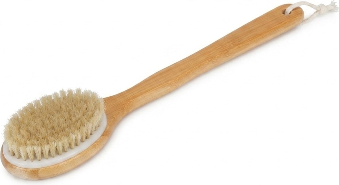 Relaxdays Rückenbürste, Duschbürste aus Bambus, langer Stiel, 40 cm, Naturborsten, zum Waschen u. Massieren, natur/creme