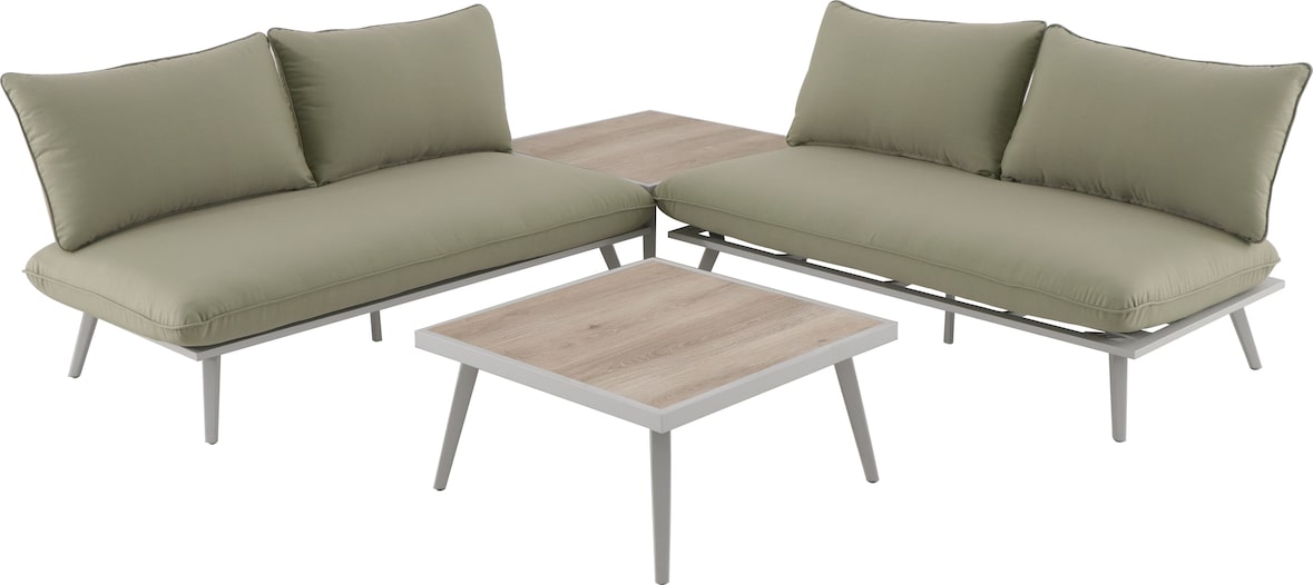 Tarrington House Set di divani Lualu 4 pezzi, alluminio / poliestere / legno, 2 x divano a 2 posti, 1 tavolo, 1 tavolino, marrone / argento / verde