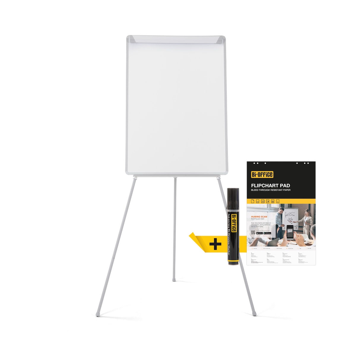 Quadro branco Bi-Office com cavalete de tripé Basic, quadro branco Euro - 70 x 100 cm, moldura cinzenta, com tabuleiro e clip de bloco ajustável