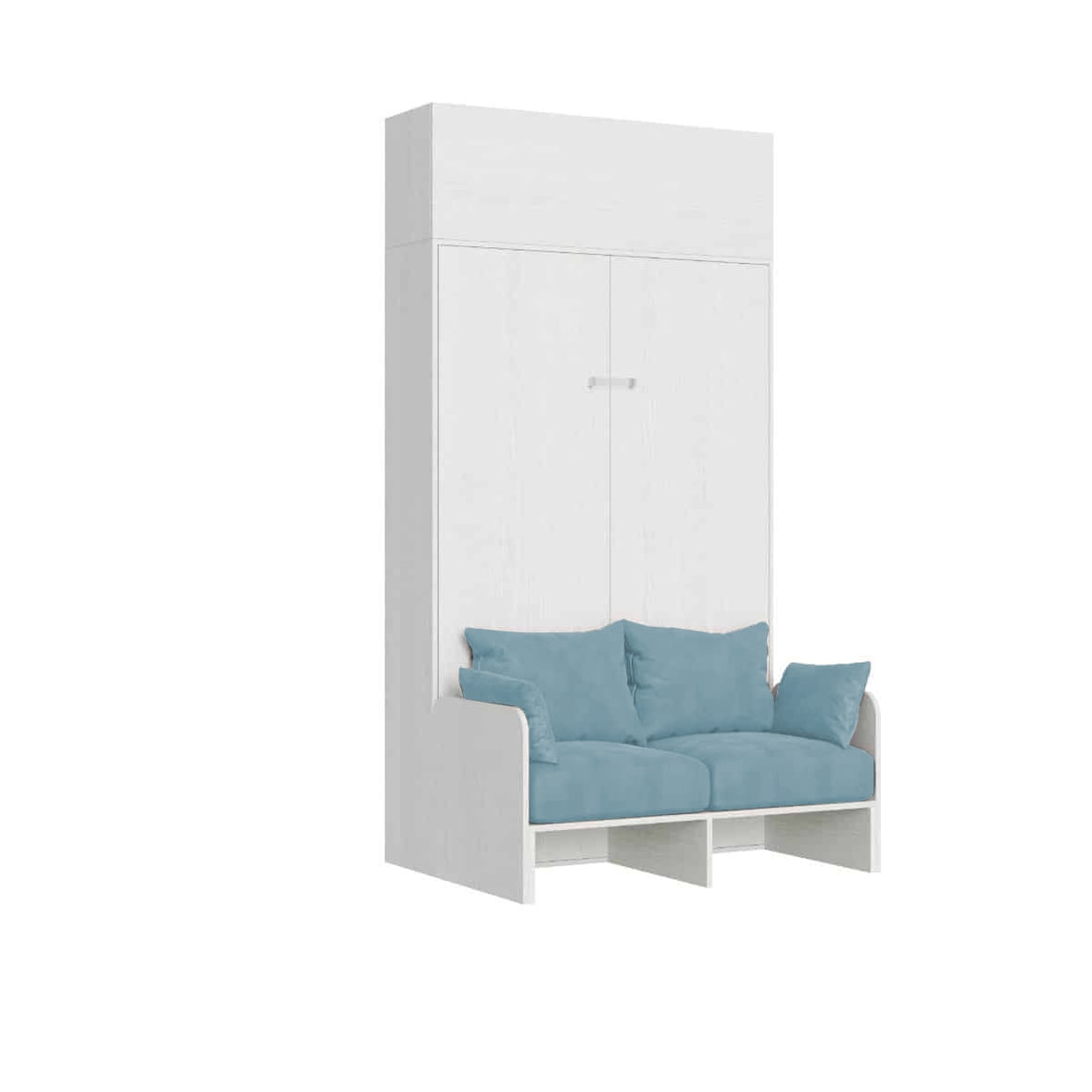 Kentaro 120 cm opklapbaar queensize bed met bank en witte essenhouten wandkast, lichtblauw