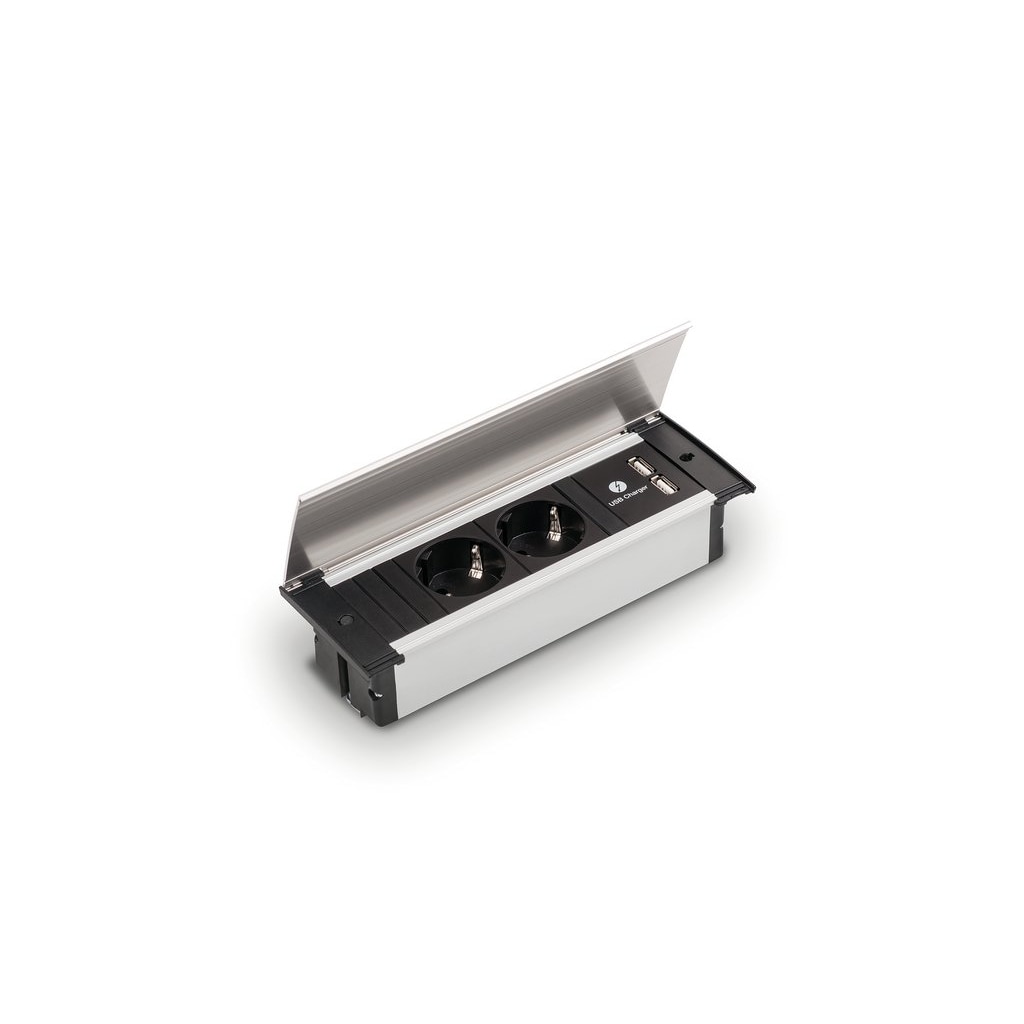 Kapsa-USB, Einbausteckdosenelemente, mit Schukosteckdosen, Deckel edelstahlfarbig