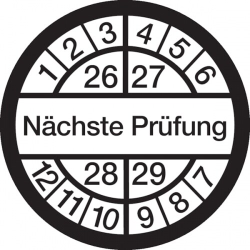 Prüfplakette ab 26, Nächste Prüfung, weiß/schwarz, Ø 16 mm - Bogen = 10 Plaketten - 16 mm Dokumentenfolie selbstklebend