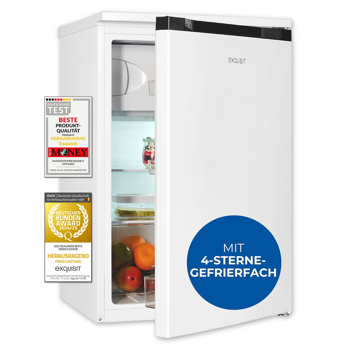 Exquisit Kühlschrank, Kühlschrank mit Gefrierfach, 107 Liter, Energieeffizienzklasse C, 4-Sterne-Gefrierfach, Kühlschrank klein, KS516-4-051C weiss