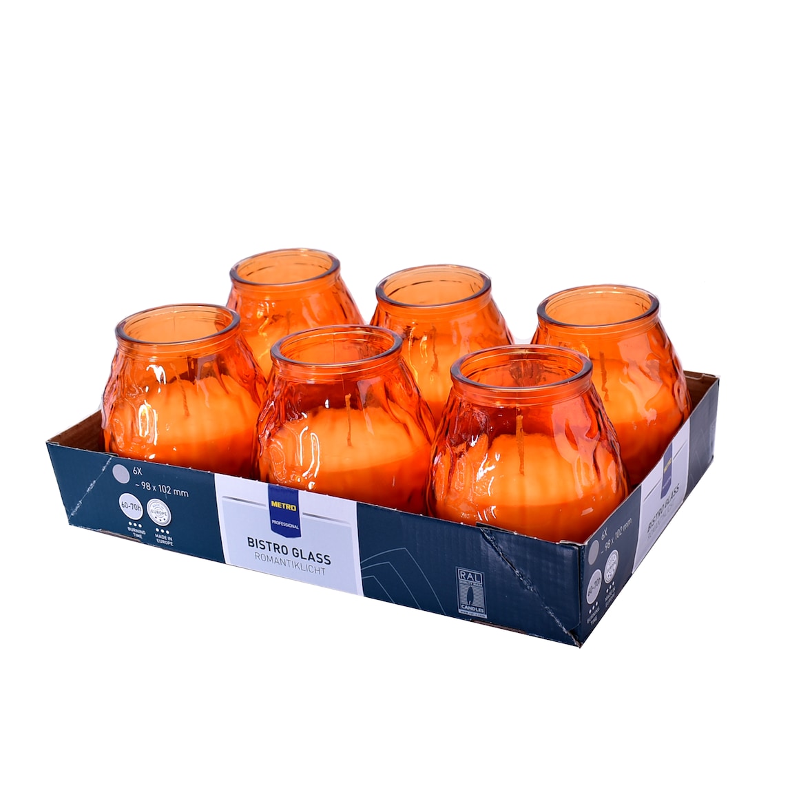 METRO Professional Vela en vaso de vidrio, parafina/ cera vegetal, Ø 9.8 x 10.2 cm, duración 60/70 horas, ámbar, 6 unidades