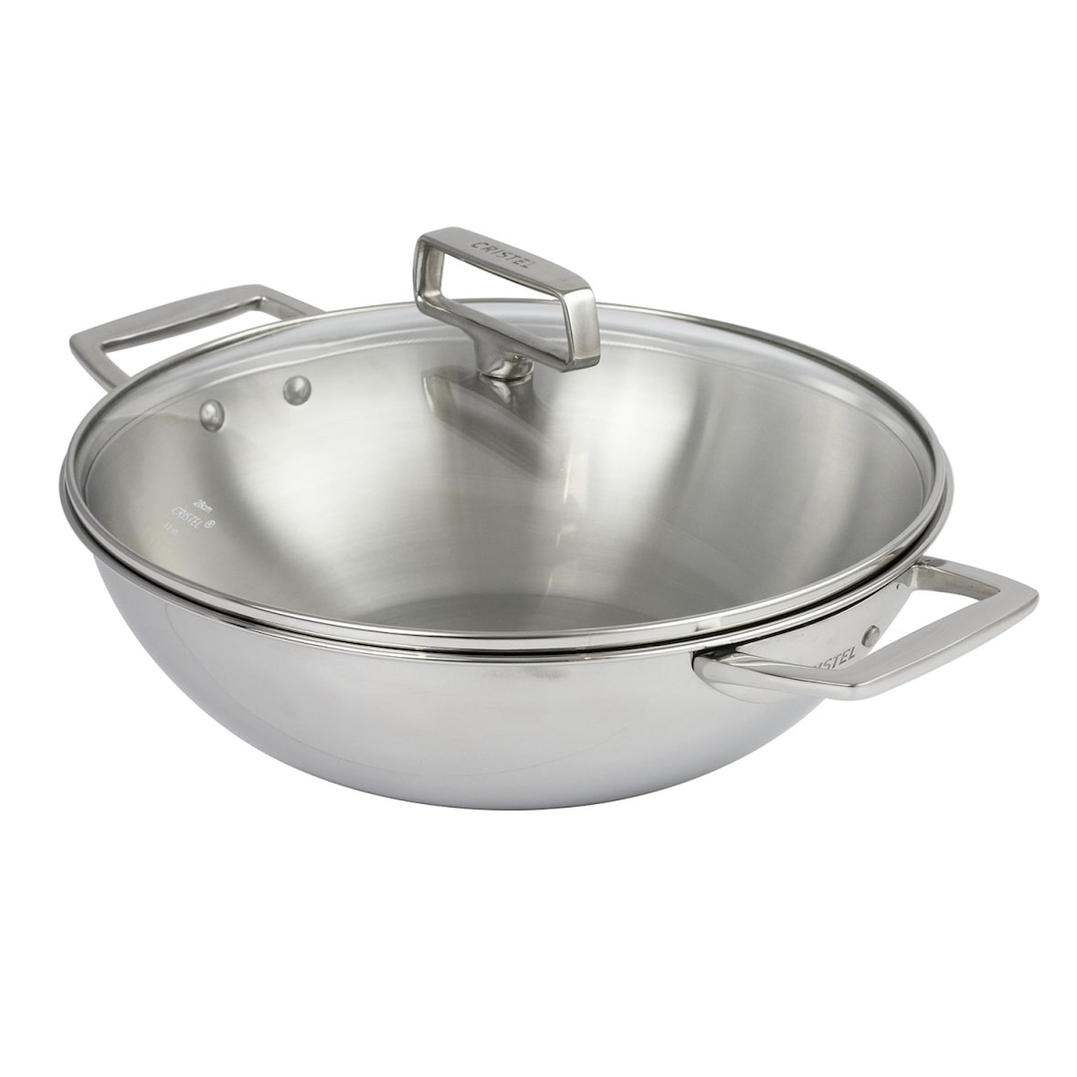Wok en inox Ø28 cm, 2 anses fixes, avec couvercle en verre  Ø28cm
