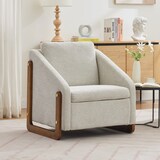 thumbnail of Sessel 73x73x73 Loungesessel mit Holzarmlehnen Rückenkissen Chenille Stoff Beige Modern Wohnzimmer Akzentstuhl Komfort