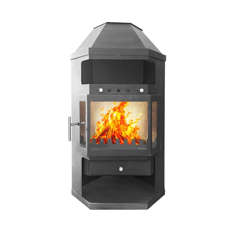 Estufa de leña de esquina LINAM 10.6 kW, diseño angular, calienta hasta 170 m³, alto rendimiento 80%