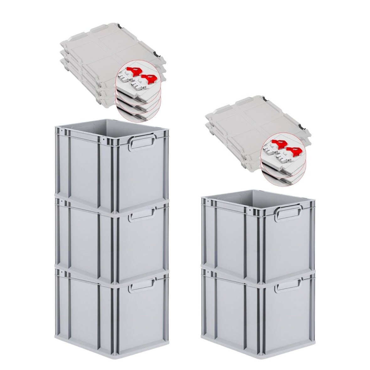 PROREGAL 5x Eurobox NextGen Grip mit Scharnierdeckel & roten Verschlüssen | HxBxT 32x30x40cm | 30 Liter | Griffe geschlossen | Glatter Boden