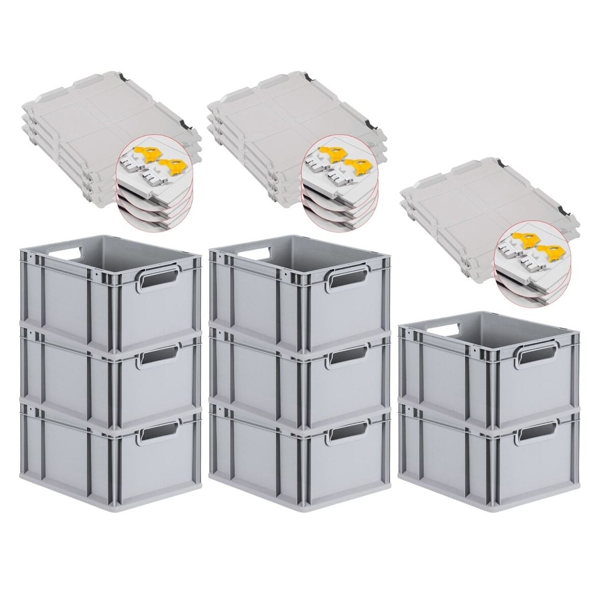 PROREGAL 8x Eurobox NextGen Grip mit Scharnierdeckel & gelben Verschlüssen | HxBxT 22x30x40cm | 20 Liter | Griffe offen | Glatter Boden