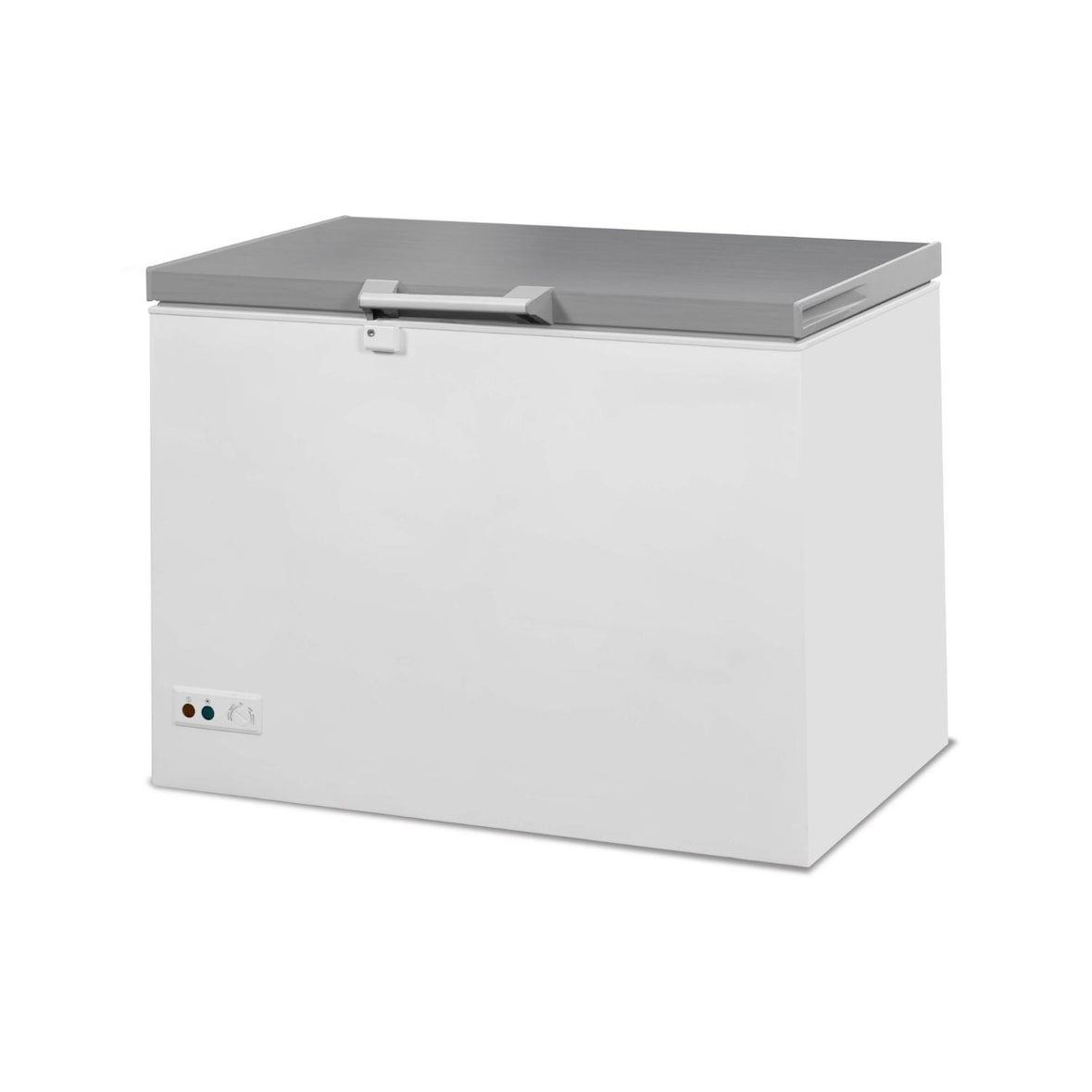 Tiefkühltruhe ICEMAN | 1x abschließbare Edelstahldeckel +LED | 305L, HxBxT 84x104,1x74,3cm | -18/-24°C | Weiß/Edelstahl | + CHEFGASTRO Geschirrtuch