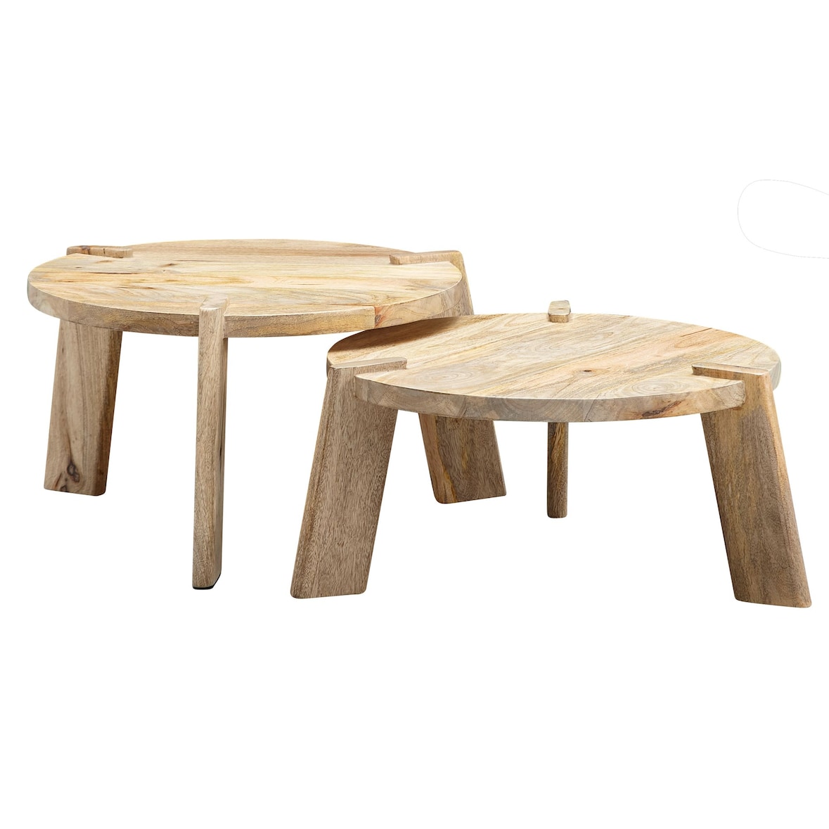 Design Couchtisch 2er Set Mango Massivholz Wohnzimmertisch Hell, Satztisch Holztisch Rund Beistelltisch, Tischset 2-teilig Kaffeetisch