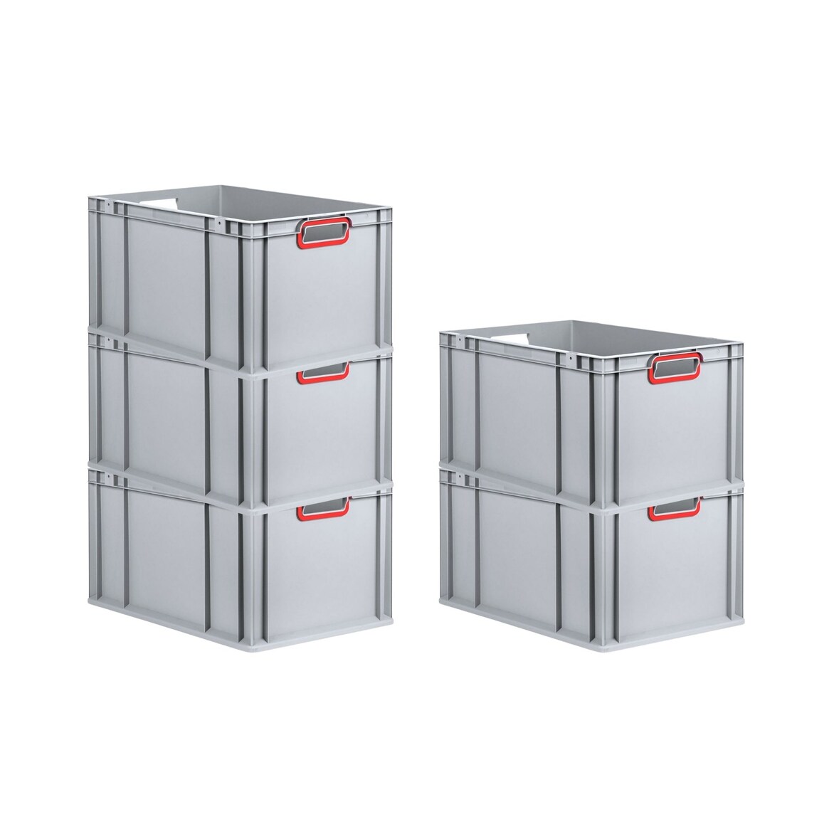 PROREGAL 5x Eurobox NextGen Color | HxBxT 22x40x60cm | 65 Liter | Griffe rot offen | Verstärkter Boden | Eurobehälter