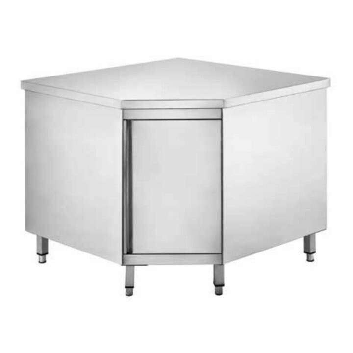 Tavolo armadiato in acciaio inox ad angolo con porta a battente, dim.mm.900x900x600x850h - mod.GDCC996