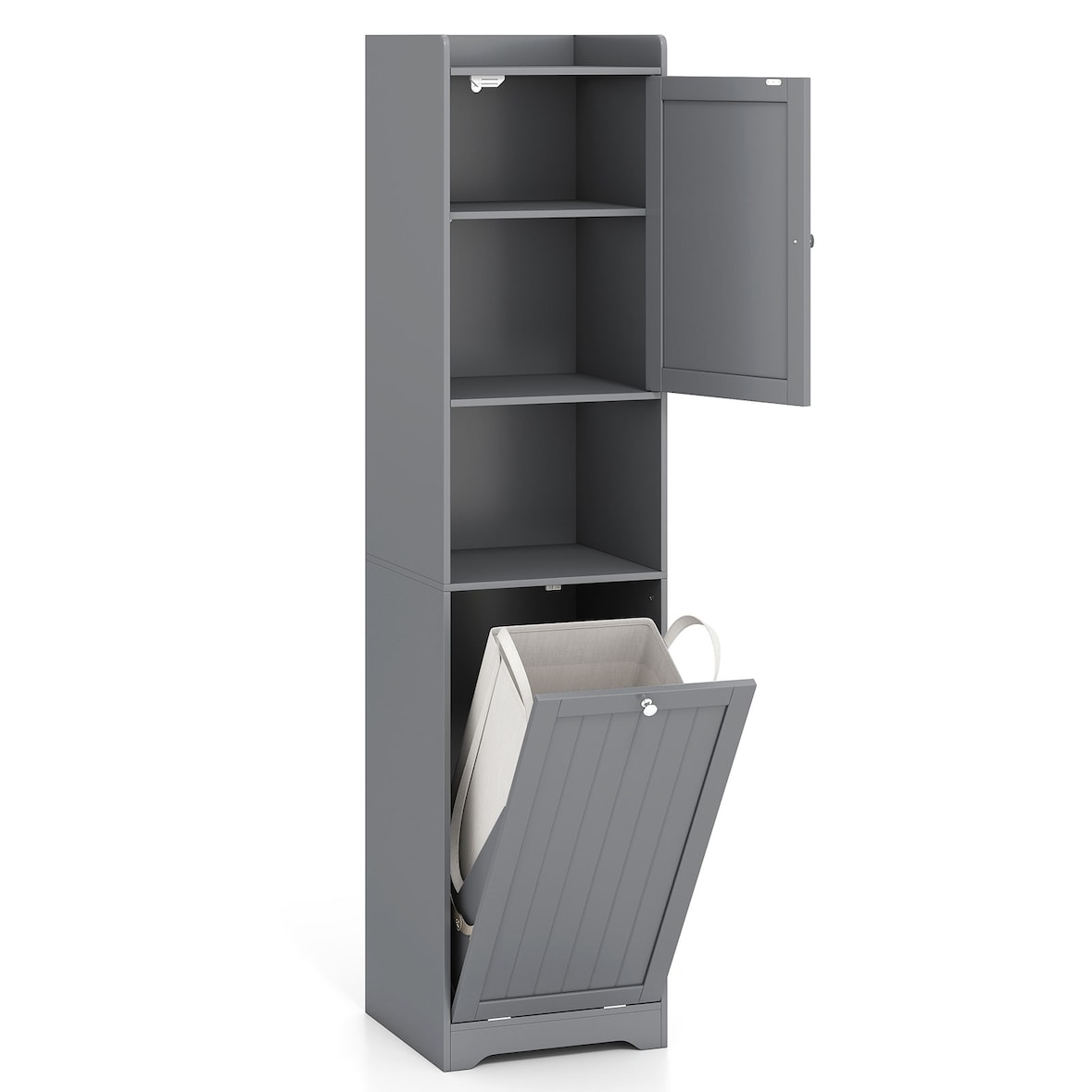 COSTWAY Armário alto para casa de banho com cesto da roupa suja, incl. saco removível para roupa suja de 48 l, 40 x 40 x 170 cm (cinzento)