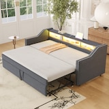 thumbnail of Ausziehbett 90/180x190 cm mit LED, USB-Anschluss und Stauraum – modernes 3-in-1 Schlafsofa aus Leinenstoff Dunkelgrau