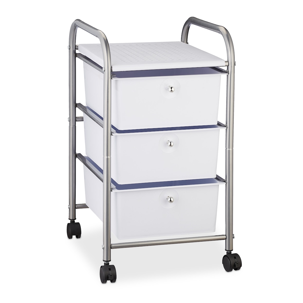 Relaxdays Badrollwagen, 3 Schubladen, Metall & Kunststoff, Rollcontainer Bad, Kosmetik, HxBxT: 60 x 33 x 39 cm, silber