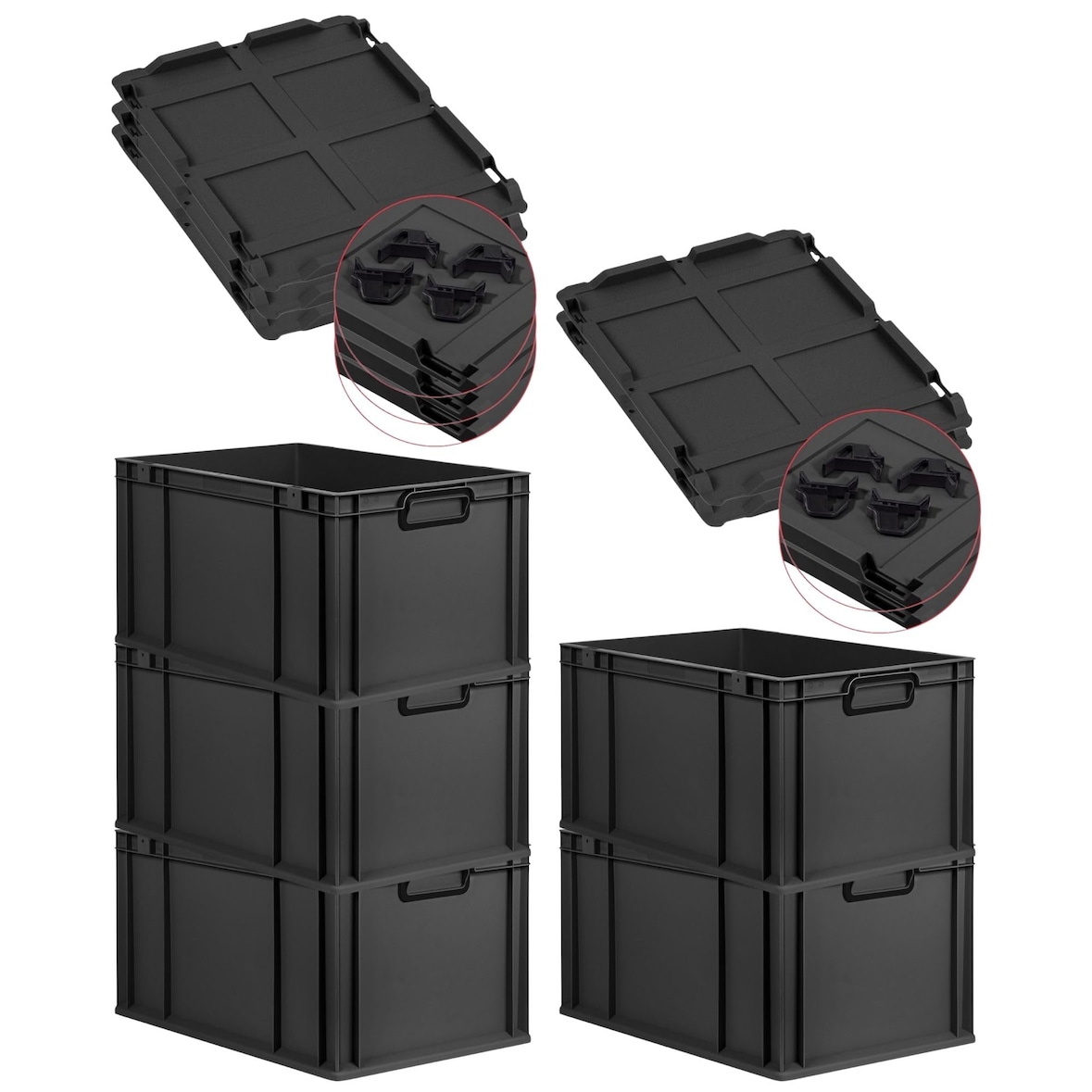 PROREGAL SparSet 5x Eurobox NextGen Color mit Auflagedeckel & Verschlüsse, HxBxT 32x40x60cm, 65L, Schwarz, Griffe schwarz zu, Eurobehälter
