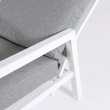 thumbnail of Conjunto sofás exterior, Aluminio reforzado color blanco, Sofá 3 plazas + 2 sillones reclinables + Mesita café, 5 plazas, Cojines color gris