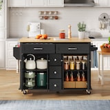 thumbnail of Küchenwagen 140x65x89 cm mit klappbarer Arbeitsplatte, 5 Schubladen, Schränken, Gewürz- und Handtuchhalter, mobil auf Rollen, Black Natural