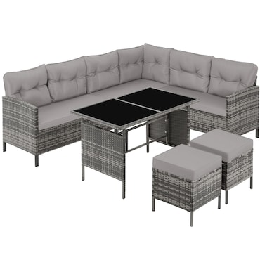 tectake Conjunto de ratán BARLETTA para 6-8 personas, polietileno y acero, gris/beige