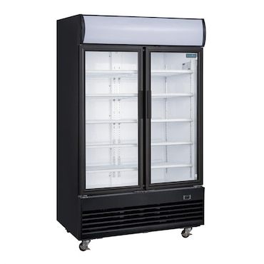 Frigorífico expositor de bebidas com painel iluminado, preto, 2 portas de vidro pivotantes, com fecho, 950L Polar GM813
