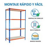 thumbnail of Maderclick schraubenloses Metallregal 4 Böden. Farbe blau/orange/holz 1500x1200x400 mm