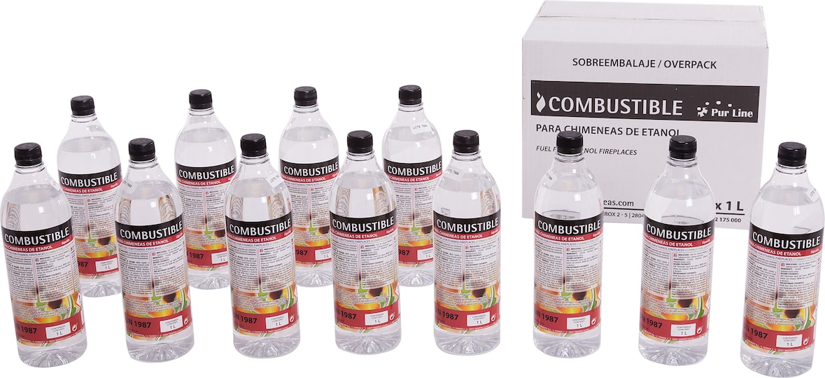 Combustible Etanol de origen natural aroma neutro. Caja 12 Botellas 1L