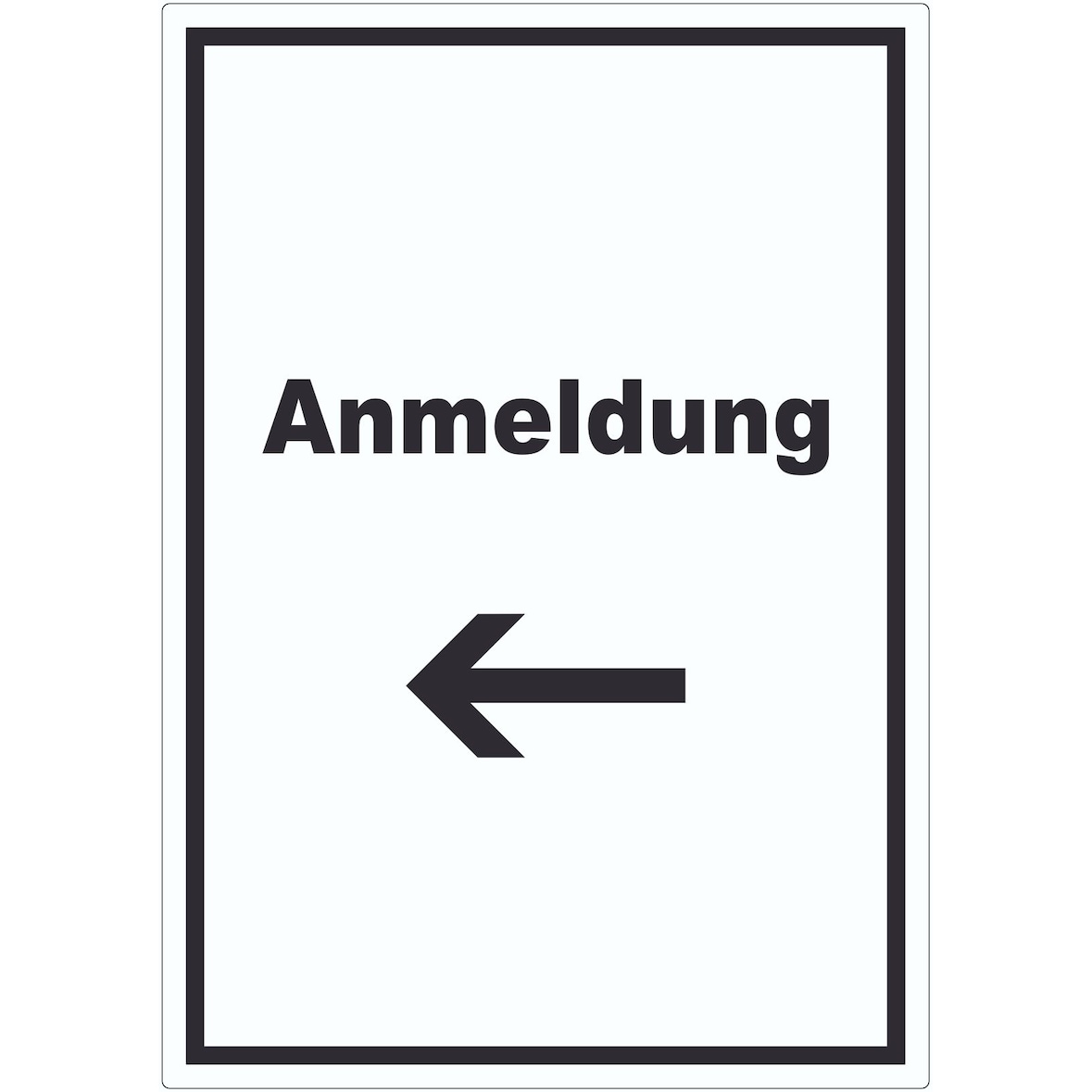 Anmeldung Aufkleber mit Text und Richtungspfeil links Aufnahme hochkant A7 (74x105mm)