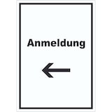 thumbnail of Anmeldung Aufkleber mit Text und Richtungspfeil links Aufnahme hochkant A7 (74x105mm)