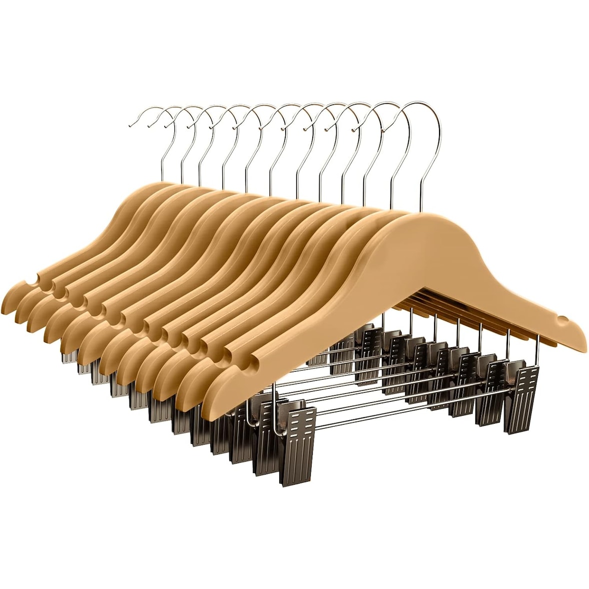 Percha Madera Cadete con Pinzas| Percha Infantil | Color Natural| Percha Madera de Arce | con Muescas Antideslizantes | 30 x 1.2 x 22 cm | Pack