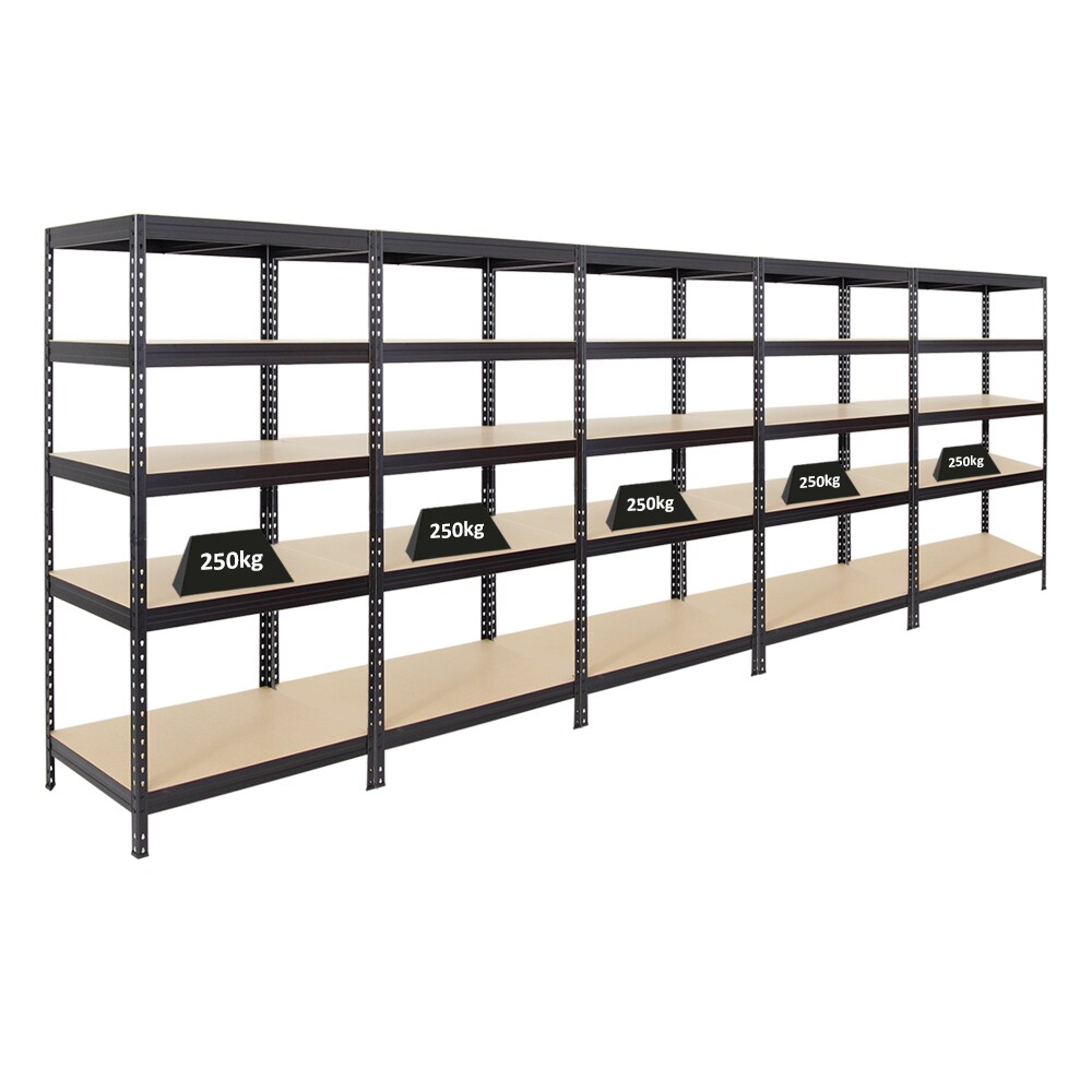 PROREGAL Mega Deal 5x Étagère charge lourde RIVET | HxLxP 180x90x60cm | 250kg par niveau | Noir | Lot d'étagères robustes de Garage Atelier Cave