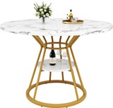 thumbnail of Esstisch rund 100x100x76 cm Marmormuster MDF+Metall Gold mit Ablagefläche und verstellbaren Füßen stabiler Küchentisch