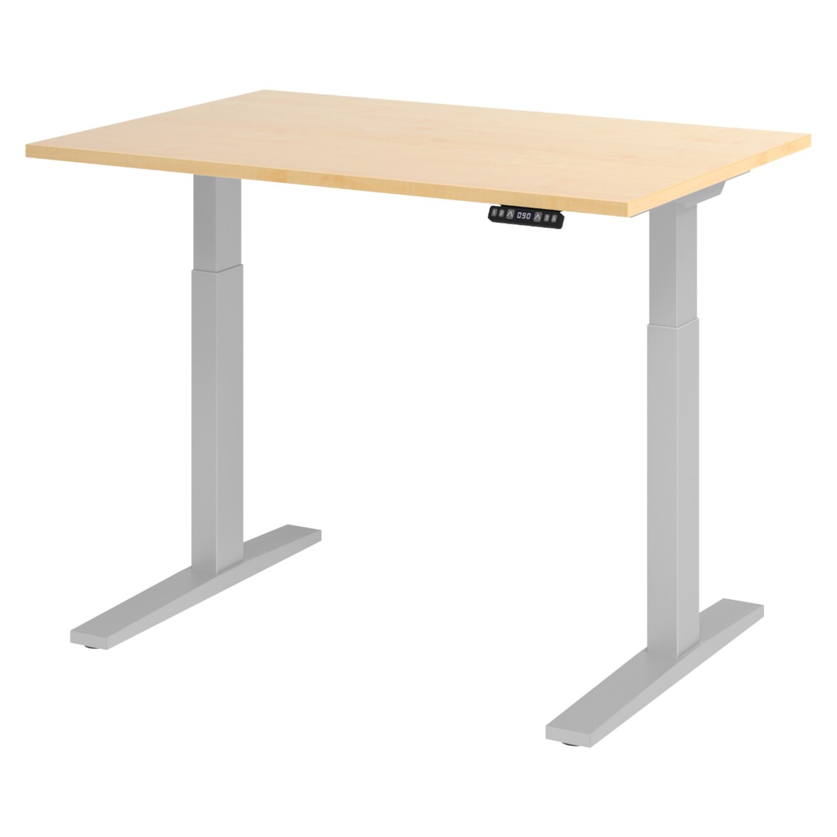 bümö elektrisch höhenverstellbarer Schreibtisch 120x80 cm in Ahorn, Gestell silber - Sitz & Stehschreibtisch mit Memoryfunktion, elektrischer