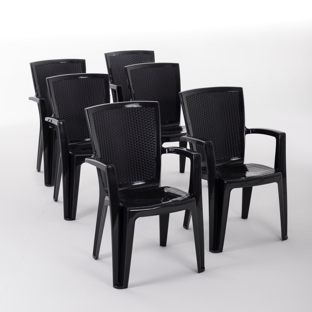 Set de 6 chaises monobloc en polypropylène avec fibre de verre, effet rotin, empilables pour extérieur et jardin, bar et restaurant - Diana - Noir