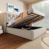 thumbnail of Polsterbett 160x200 cm mit Stauraum und hydraulischem Lattenrost – modernes Design aus Baumwolle in Hellgrau