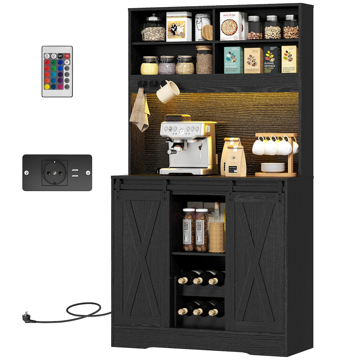 HOMCOM Credenza Cucina con Portabottiglie, Prese e Luci LED Nero