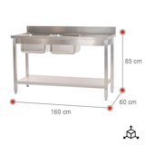 thumbnail of Romux® Fregadero de Acero Inoxidable de 2 Senos con Escurridor Derecha 1600x600x850 mm Desmontable | Pica Industrial con patas | Pila Lavadero