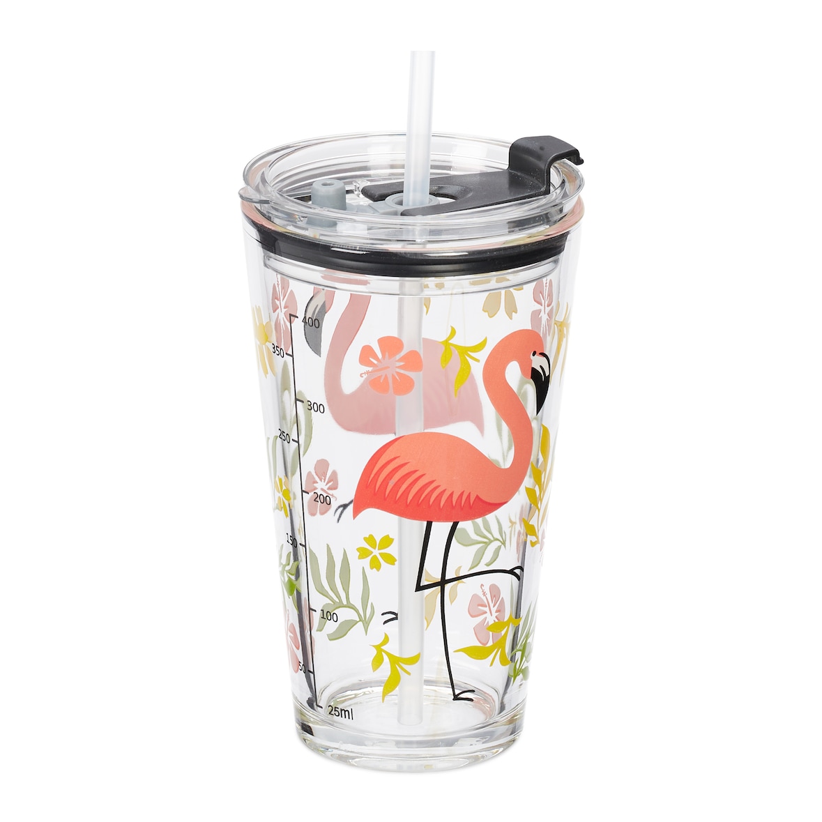 Relaxdays Trinkgläser 4er Set, Flamingo-Motiv, Deckel & Strohhalm, 450 ml, Glasbecher Kinder, Smoothieglas, transparent