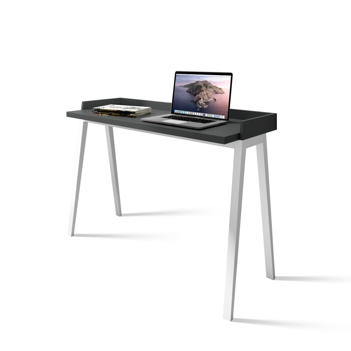Escritorio 625 modelo BERLÍN en melamina grafito con patas de madera de haya maciza en blanco, de HERDASA.