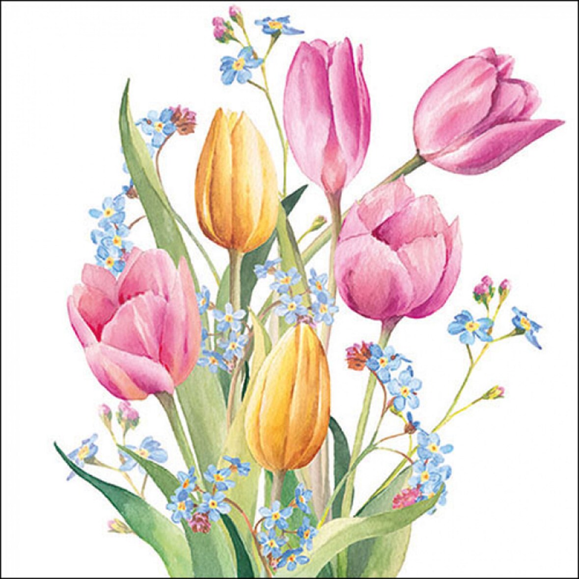 20 Servietten Papier 33x33cm 3-lagig - hochwertige Einweg Papierservietten Tulpen rosa gelb Vergissmeinnicht blau Aquarell Frühlingsblumen Tischdeko