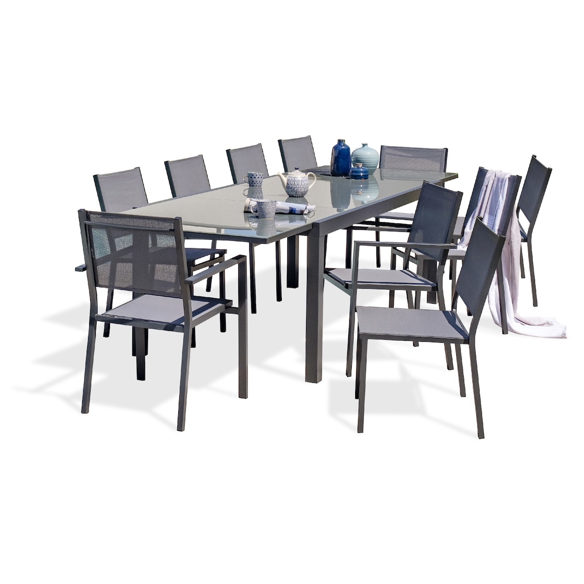 Ensemble repas 10 places en aluminium anthracite et plateau verre - TOLEDE